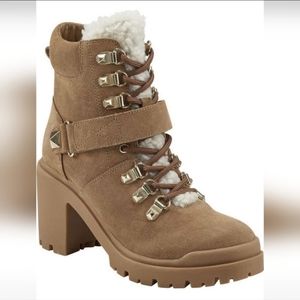 Marc fisher sherpa suede tan ankle laceup boots